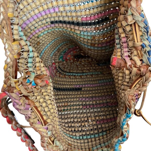 Woven Multicolor Leather Bucket Bag With Drawstring Closure - Picture 9 of 9